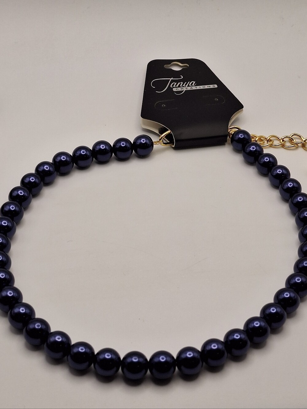 Tanya Creations Navy Blue Faux Pearl Necklace Gold Tone NWT